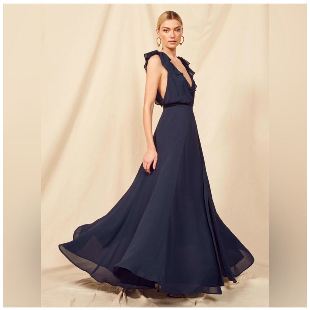 Reformation Peppermint Navy Blue Wrap Maxi Dress Medium - Picture 1 of 6